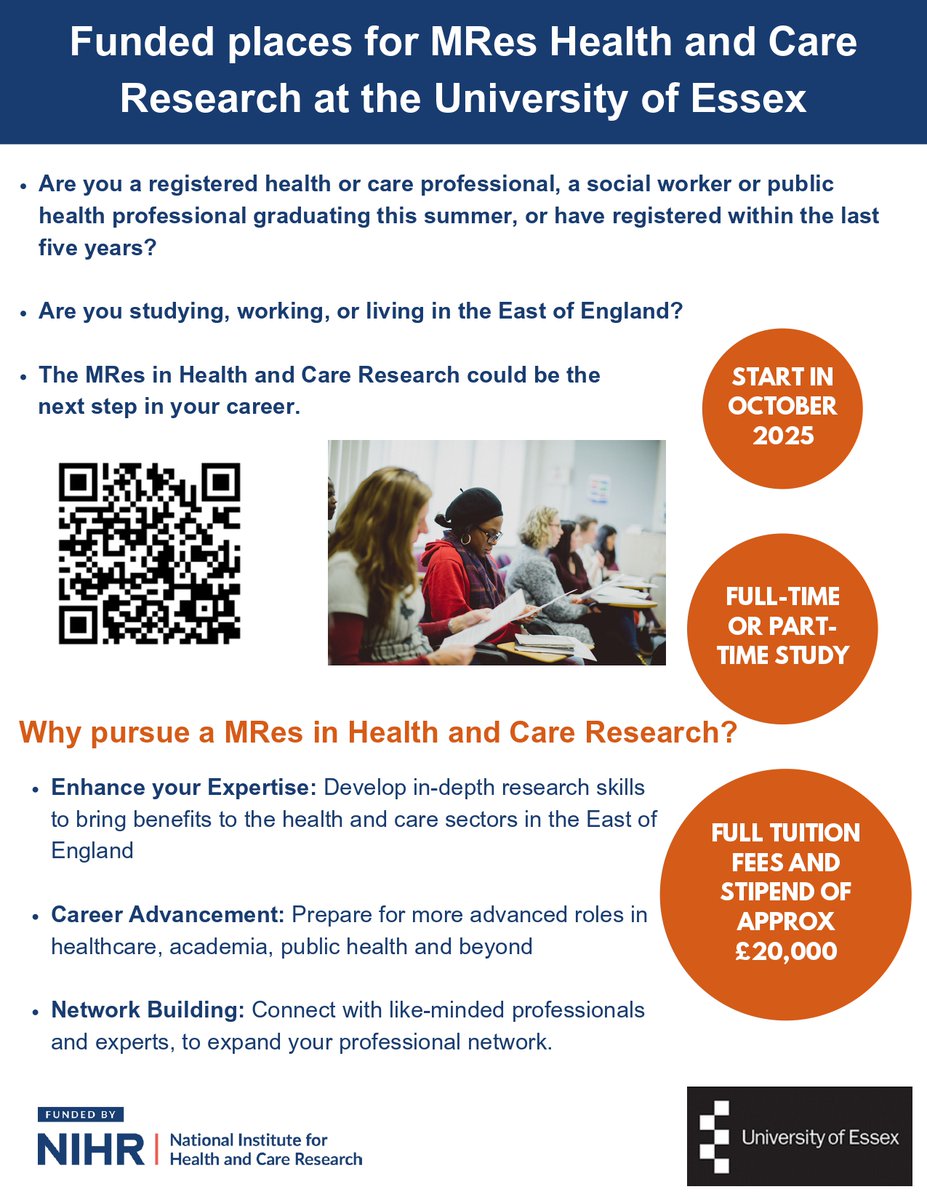We are accepting applications for fully funded places on  the MRes Health and Care Research at the University of Essex.
