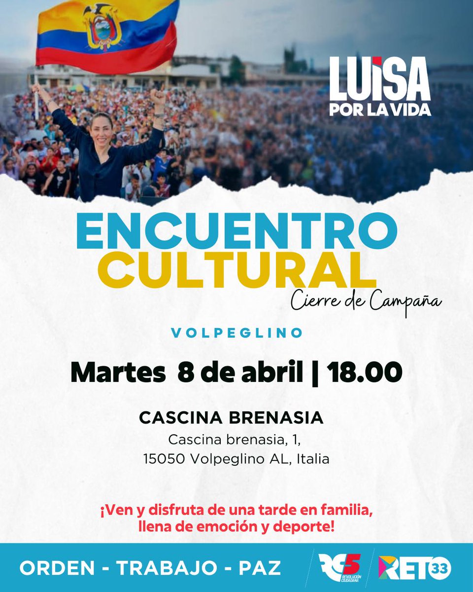 ¡Únete a nosotros para el emocionante cierre de campaña en un Encuentro Cultural! Te esperamos hoy martes 8 de abril a las 18:00 en , Cascina Brenasia, Volpeglino (AL). 
¡No faltes, queremos verte allí! 🇪🇨❤️ 
#LuisaPorLaVida
<a href="/LuisaGonzalezEc/">Luisa González</a>