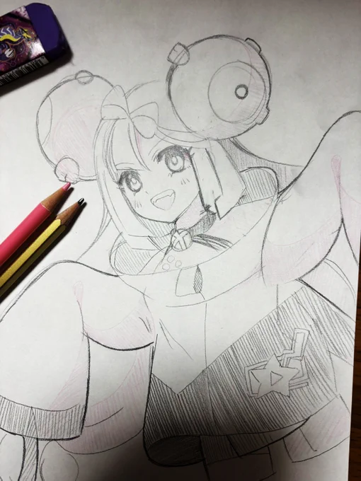 アナログ絵とデジタル絵を比べるのを見かけて、楽しそうだったので久しぶりに描いてみた。調整前の絵柄になってしまうけど、何で描いてもびっくりするぐらい私の絵～ 