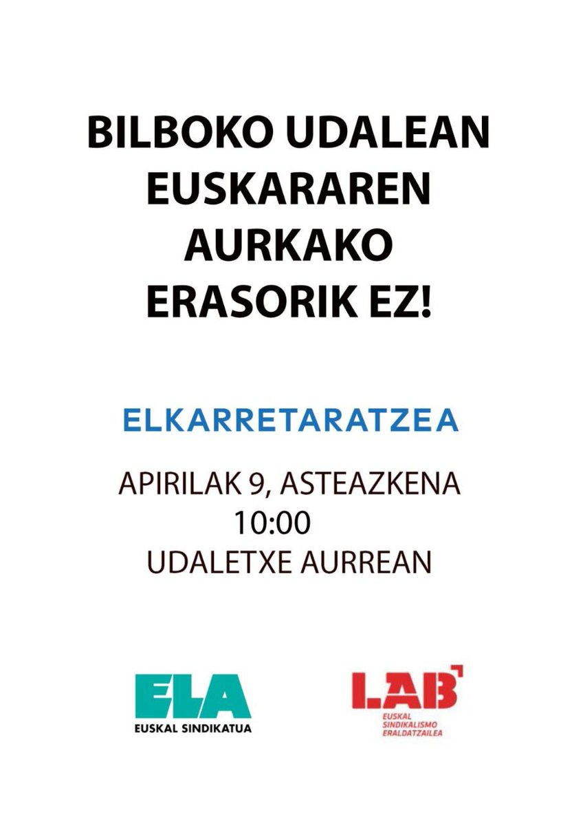 Bilboko Udalak hainbat lanpostuen hizkuntza eskakizunak kentzeko daukan asmoaren aurrean gure kontrakotasuna erakusten dugu. 

Administrazioan ere Euskeraz lan egiteko eskubidearen defentsan kalera aterako gara!