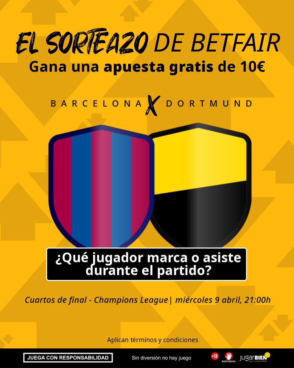 Betfair_ES's tweet photo. 🚨 ¡Tenemos 5 APUESTAS GRATIS de 10€ para regalar! 🎁
¿Qué jugador marca o asiste en el Barça x Borussia?
👉 Responde en los comentarios con tu PRONÓSTICO incluyendo el hashtag #SorteazoBetfair
ℹ️ Participando, aceptas nuestros términos y condiciones: https://t.co/5WtlXn4Vu2 https://t.co/08IkybgtVa
