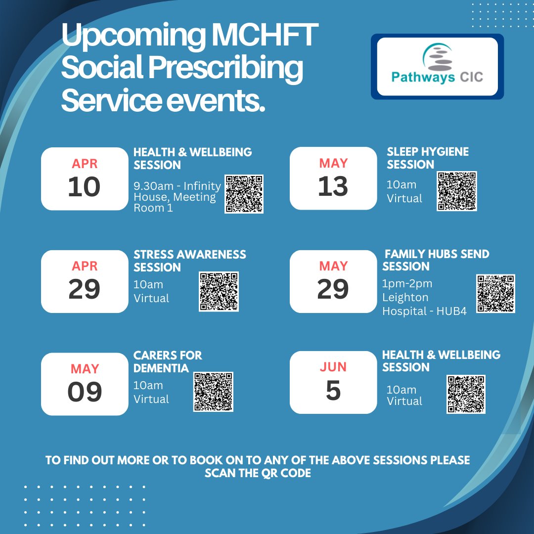 Pathways CIC (@pathwayscic) on Twitter photo Our <a href="/MidCheshireNHS/">Mid Cheshire Hospitals 🏥</a> Social Prescribing Service has a fantastic line up of free sessions for MCHFT staff, covering everything from stress awareness, dementia support, health & wellbeing and SEND support for families.
Find out more or book your place by scanning the QR code. Our <a href="/MidCheshireNHS/">Mid Cheshire Hospitals 🏥</a> Social Prescribing Service has a fantastic line up of free sessions for MCHFT staff, covering everything from stress awareness, dementia support, health & wellbeing and SEND support for families.
Find out more or book your place by scanning the QR code.