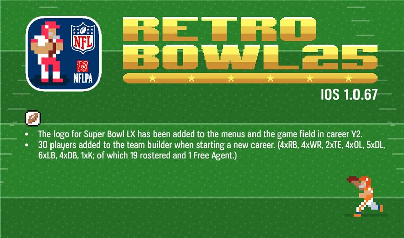 retro_bowl's tweet image. Forgot to mention this yesterday, but a new update for NFL Retro Bowl 25 is available to download.
Next up is a minor update for RBC fixing routes & some other fixes like the fix for older Android devices we had on RB & then we can get onto the Sim & Exhibition modes for RBC.