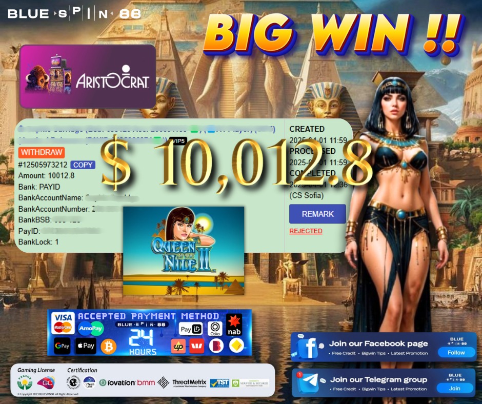 bluespinip83329's tweet photo. 🎰 Big Win 🎰
🎮 PLATFORM - ⭐️ ARISTOCART ⭐️
🎰 GAME NAME : QUEEN OF THE NILE II
👉 WITHDRAW - AUD 10,012.80
#hotgame #slotonline #pokies #payid #booongo #bluespin88 #australia #amopay #slotjoker #mega88 #pvssy88 #ace33 #JILIGAMES #gametip #freebonus #AUSD #Bitcoin #vpower https://t.co/oe5xKHJe9T