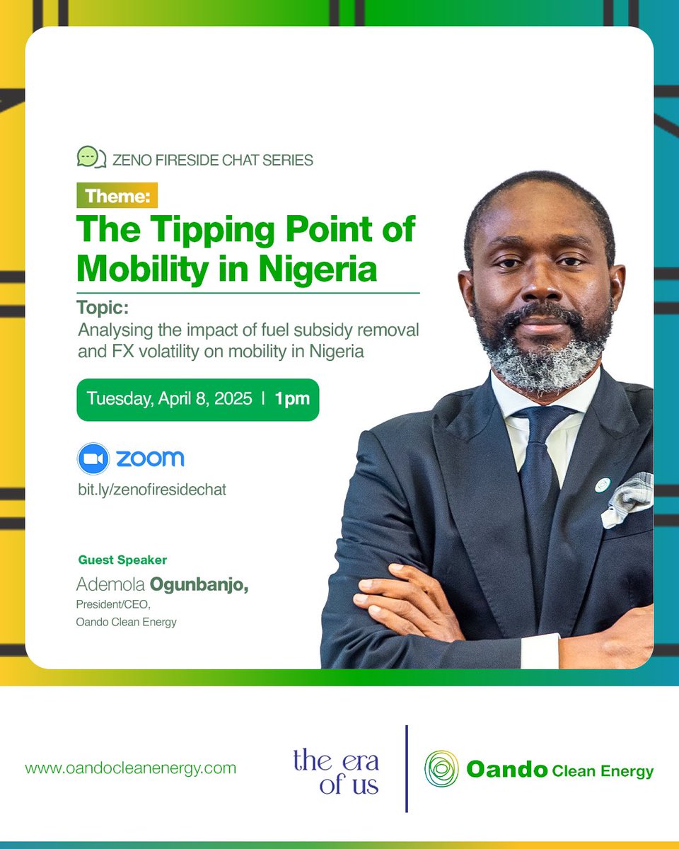 Join us today at 1p.m, bit.ly/zenofiresidech…, as our President &amp; CEO, OCEL, <a href="/demolaogunbanjo/">Ademola Ogunbanjo</a>, shares valuable insights on the topic “The Tipping Point of Mobility in Nigeria.”
 
The session, powered by @zenonigeria and <a href="/anafricanfuture/">Future Africa</a>, will analyze the impact of the removal of