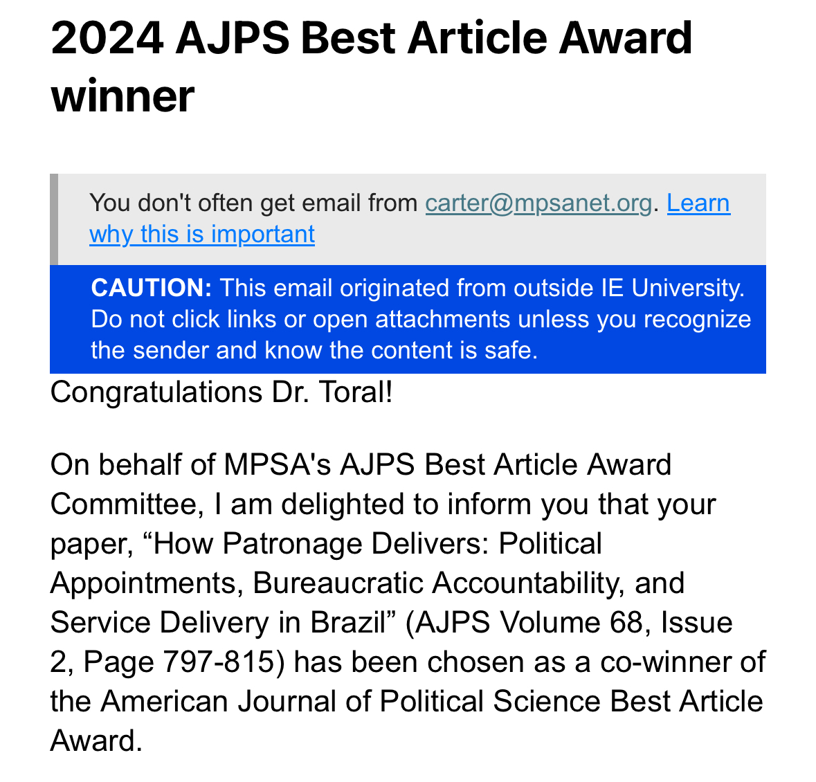 Surprised and honored to be co-winner of the AJPS Best Article Award for my article on the benefits of patronage. <a href="/MPSAnet/">MPSA</a> <a href="/AJPS_Editor/">AJPS</a> 

Thank you to the committee and the whole community that helped me produce that piece!

onlinelibrary.wiley.com/doi/full/10.11…