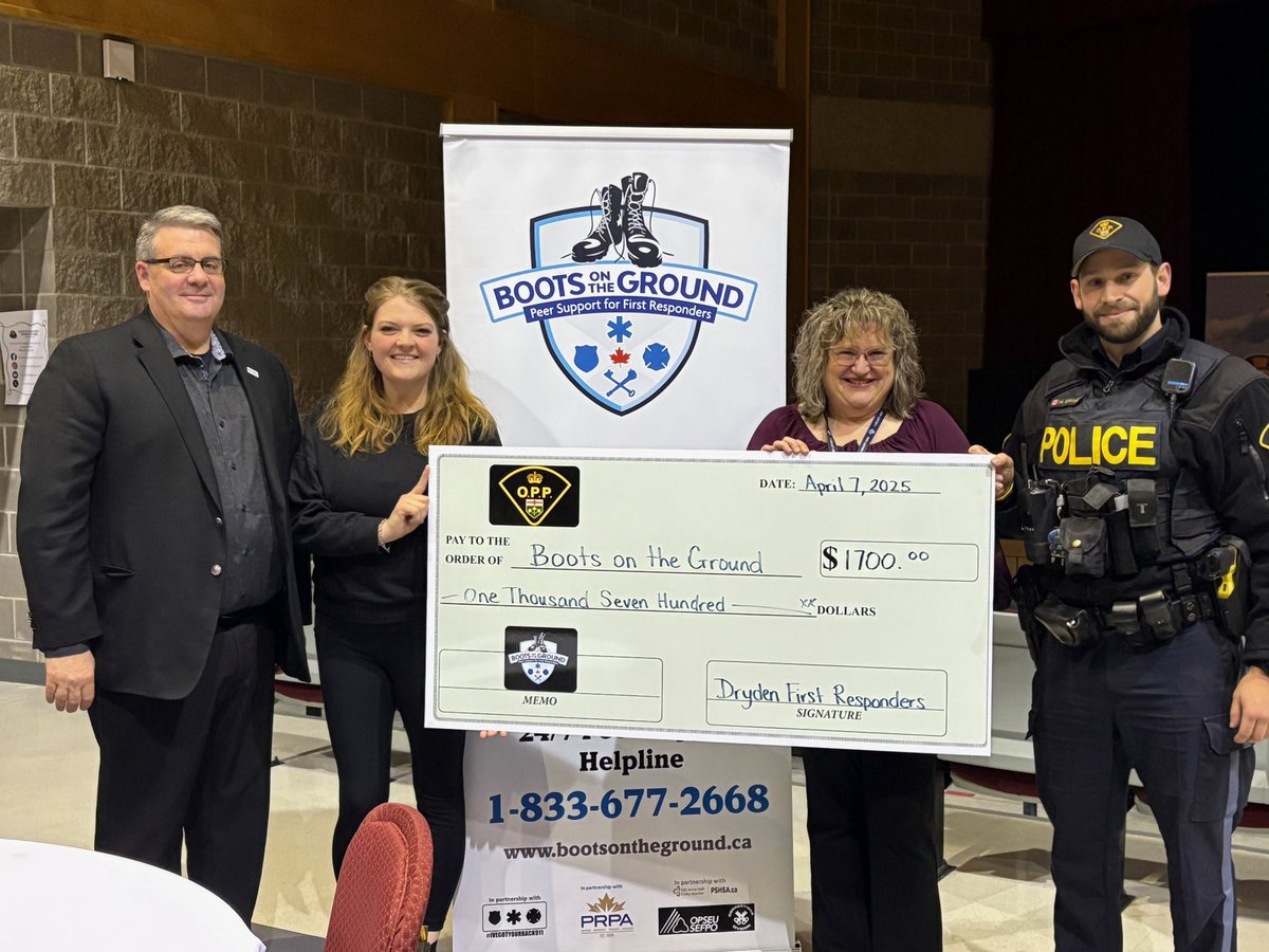 At the Public Safety Open House last night in Dryden, the OPP presented Boots On The Ground with a cheque for $1700! The fundraising was part of a hockey tournament that included First Responders from the Dryden area.  Thanks to everyone involved!