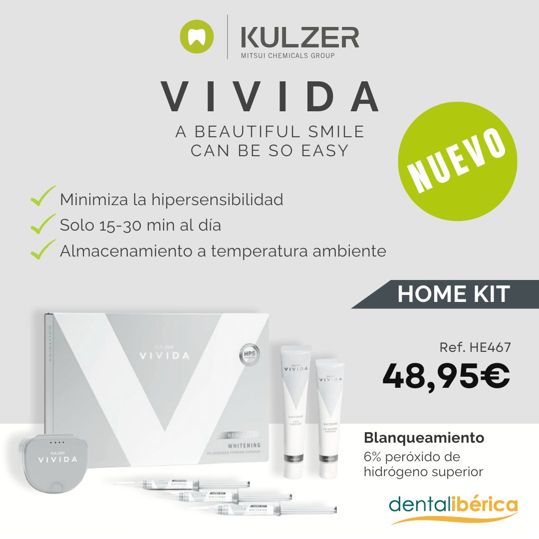 Dentaliberica's tweet image. ¡Mejora la sonrisa de tus pacientes con #Kulzer Vivida! 

Kulzer Vivida Home Kit es un sistema de blanqueamiento todo-en-uno diseñado para ofrecer resultados profesionales en la comodidad del hogar. 

Descúbrelo en dentaliberica.com o llamando al ☎️ 900 123 100