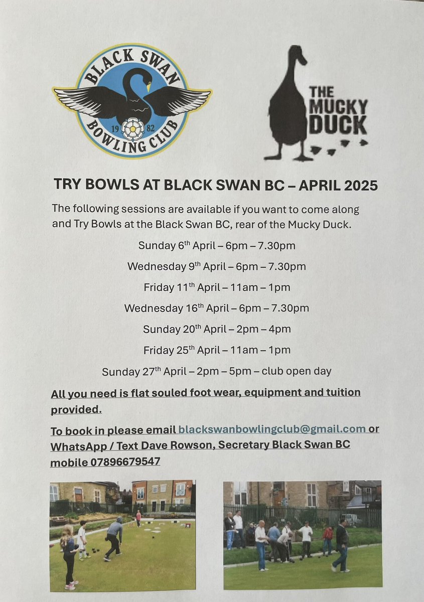 Two Try bowls events at <a href="/BlackSwanBC/">Black Swan BC</a> Harrogate.

Wednesday 9th April 6pm-7.30pm

Friday 11th April 11am-1pm

Free to try out, equipment &amp; tuition provided. Just need flat soled footwear.

email blackswanbowlingclub@gmail.com to book in.

Green Devonshire Place, rear Mucky Duck.