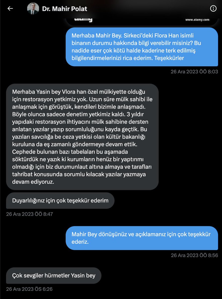 Sirkeci'de Vlora Han adında içler acısı durumda tarihi bir bina görmüştüm.

Burayla kim ilgileniyor diye araştırırken İBB Kültür Varlıkları Başkanı Mahir Polat'ı buldum. Twitter'dan kendisine yazdım.

İşine hakim, vatandaşa kibarca açıklama yapan birisini görmek çok şaşırtmıştı.