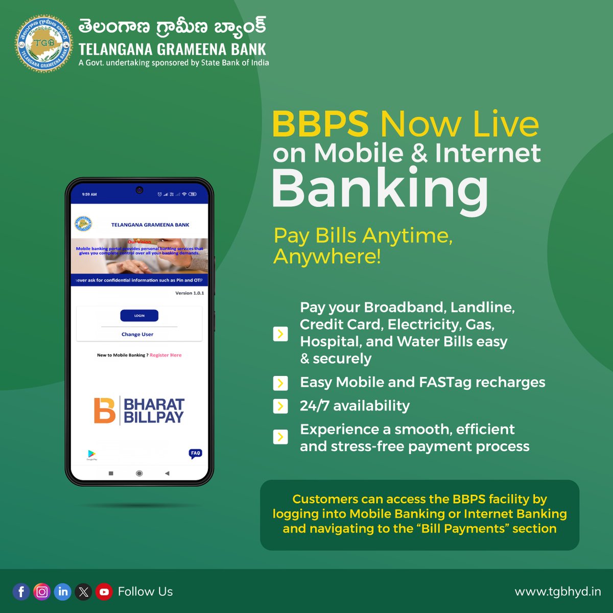 OfficialTGBHYD's tweet photo. Introducing BBPS (Bharat Bill Payment System) in our bank’s Mobile &amp; Internet Banking!

Pay all your bills securely and quickly in one place. Simpler, Faster, and Safer!

#BBPS #digitalbanking #tgbcares #payeasy #mobilebanking #tgbtalks #tgb #sbi #bbps #bharatpay #payments https://t.co/msgw7rnX90