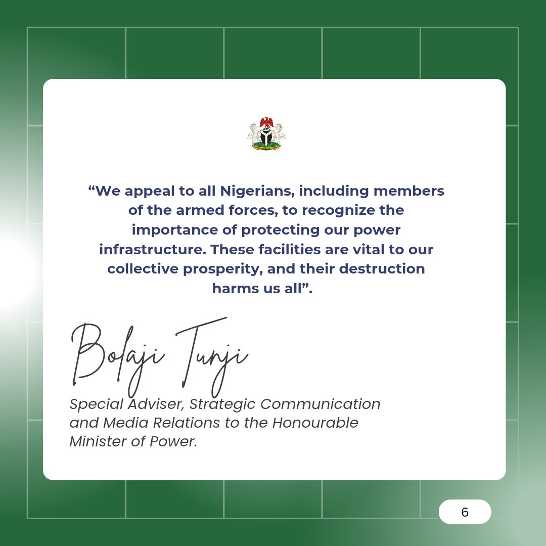 Adelabu described the vandalism, destruction and forceful abduction of staff as not only unacceptable but also a direct threat to the stability of Nigeria’s power supply and the economic well-being of the country.  He called on the National Security Adviser, Malam Nuhu Ribadu to