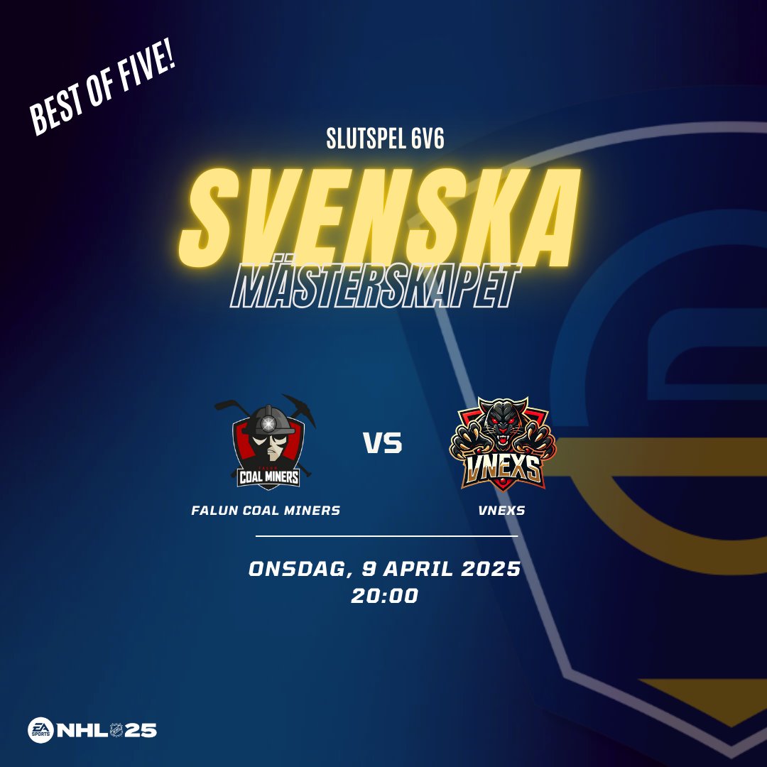 Dags för semifinal mellan <a href="/CoalMinersEASHL/">Falun Coal Miners</a> - <a href="/vNexsNHL/">vNexs</a> 

I finalen väntar <a href="/VesaPompa/">Vesa Pompa</a> som vände på steken och besegrade <a href="/SSKEsports/">SSK Esports</a> med 3-2 i matcher!

Lycka till boys!