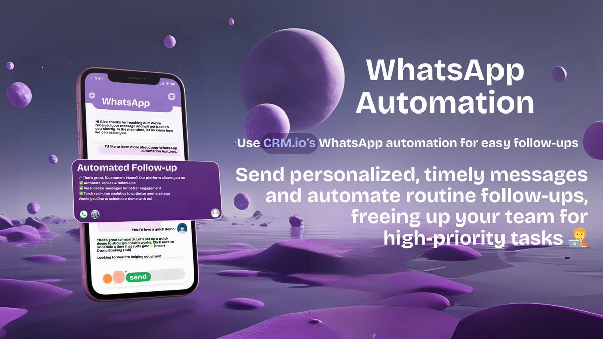 CRMio500apps's tweet photo. 🚀 WhatsApp Automation
✅ Use https://t.co/ESOUjCVVYI's WhatsApp automation for seamless follow-ups!
📲Send personalized, timely messages
⏱️Automate routine follow-ups, freeing up your team for high-priority tasks 
#CRM #WhatsAppAutomation #MarketingAutomation #CustomerEngagement https://t.co/SvAgUIiRTr