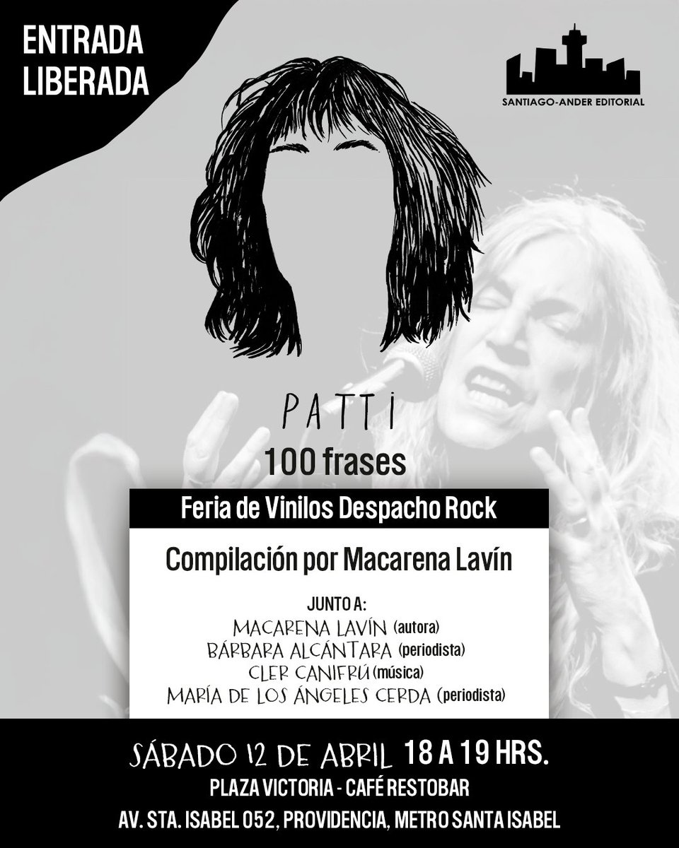 stgoandereditor's tweet photo. Este sábado 12 tenemos actividades imperdibles 🥳📚🚀🎶🤟
17 hrs Firmatón en @QueLeoForestal
18 hrs Lanzamiento en @PlazaVictoria
#PattiSmith #RoloRamos #IntimateStranger
+info👇 https://t.co/SymTxhavOt