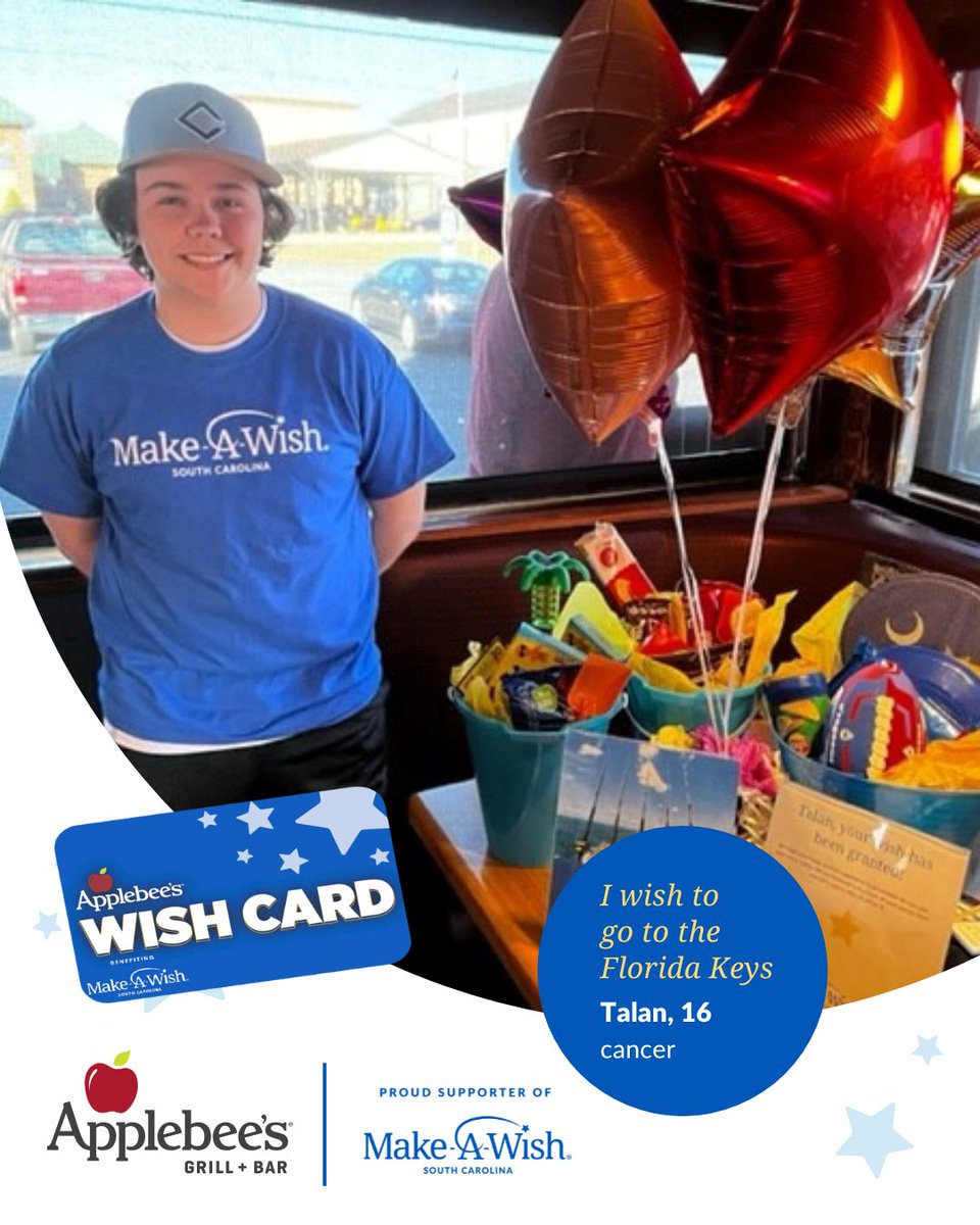 Make-A-Wish South Carolina (@makeawishsc) on Twitter photo This April, donate $5 for a Wish Card at SC <a href="/Applebees/">Applebee's Grill + Bar</a> to help grant local wishes & get $15 in savings! Wish kids like Talan thank you! This April, donate $5 for a Wish Card at SC <a href="/Applebees/">Applebee's Grill + Bar</a> to help grant local wishes & get $15 in savings! Wish kids like Talan thank you!