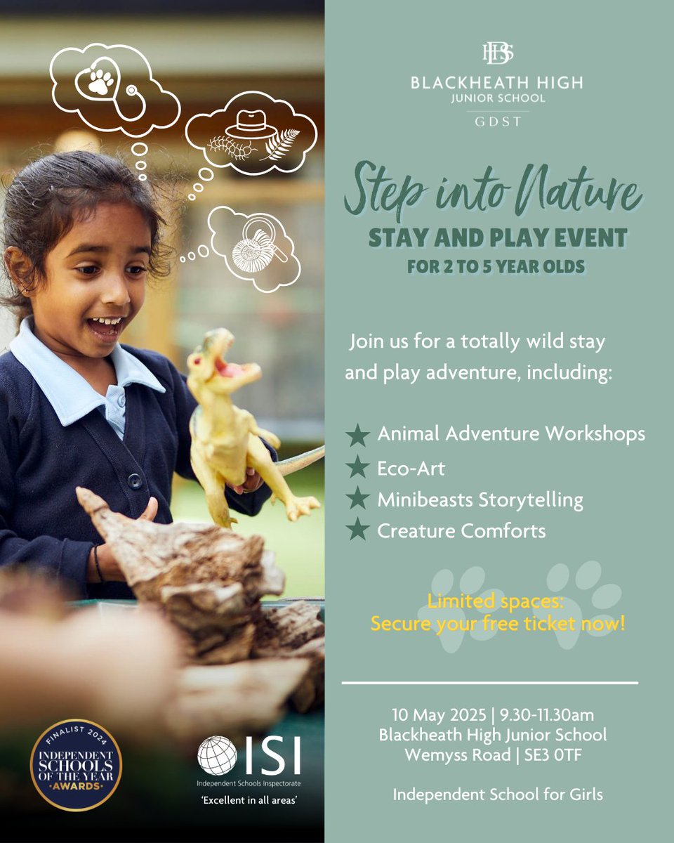 'Step into Nature' stay &amp; play event - Sat 10 May, 9.30-11.30am. 🐾🪲🌿🦔Open to parents and carers of 2–5 year-olds, join us at Blackheath High Junior School for a totally wild adventure.🗓️Limited spaces, book now 👉🏼 bit.ly/3Dp6sNo
Follow us on insta👉🏼blackheathhigh