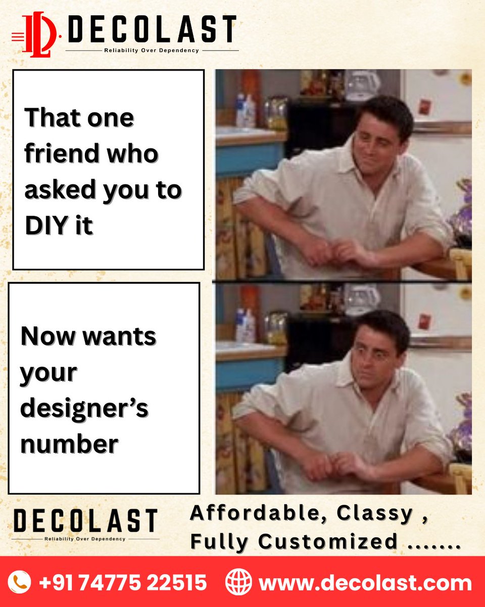 deco_last's tweet photo. POV: When your 'DIY guru' friend sees the DecoLast magic!"
From skeptics to believers — one design at a time!
Get affordable, classy, and fully customized interiors by Kolkata’s most trusted name.

#DecoLast #InteriorDesign #HomeTransformation #DIYFails 
https://t.co/qQLAQZM8N3 https://t.co/x3OHuPfLL8