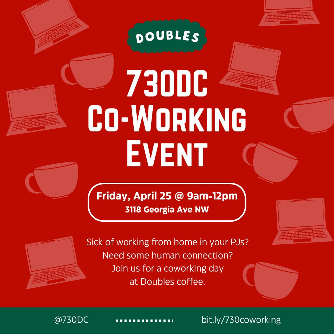 Sick of working from home in your PJs? Need some human connection? Join us for a coworking day at Doubles coffee on Friday, April 25 from 9 am - 12 pm. 

RSVP here: bit.ly/730coworking