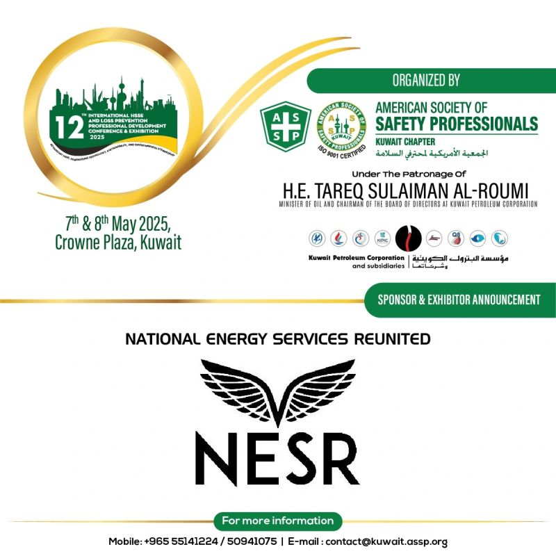 Asspkuwait's tweet photo. We are thrilled to announce that **NESR (National Energy Services Reunited Corp.)** has joined us as a **Sponsor and Exhibitor** for the upcoming **ASSP Kuwait Chapter Professional Development Conference (PDC)**! 🎉 https://t.co/0852mizcNw