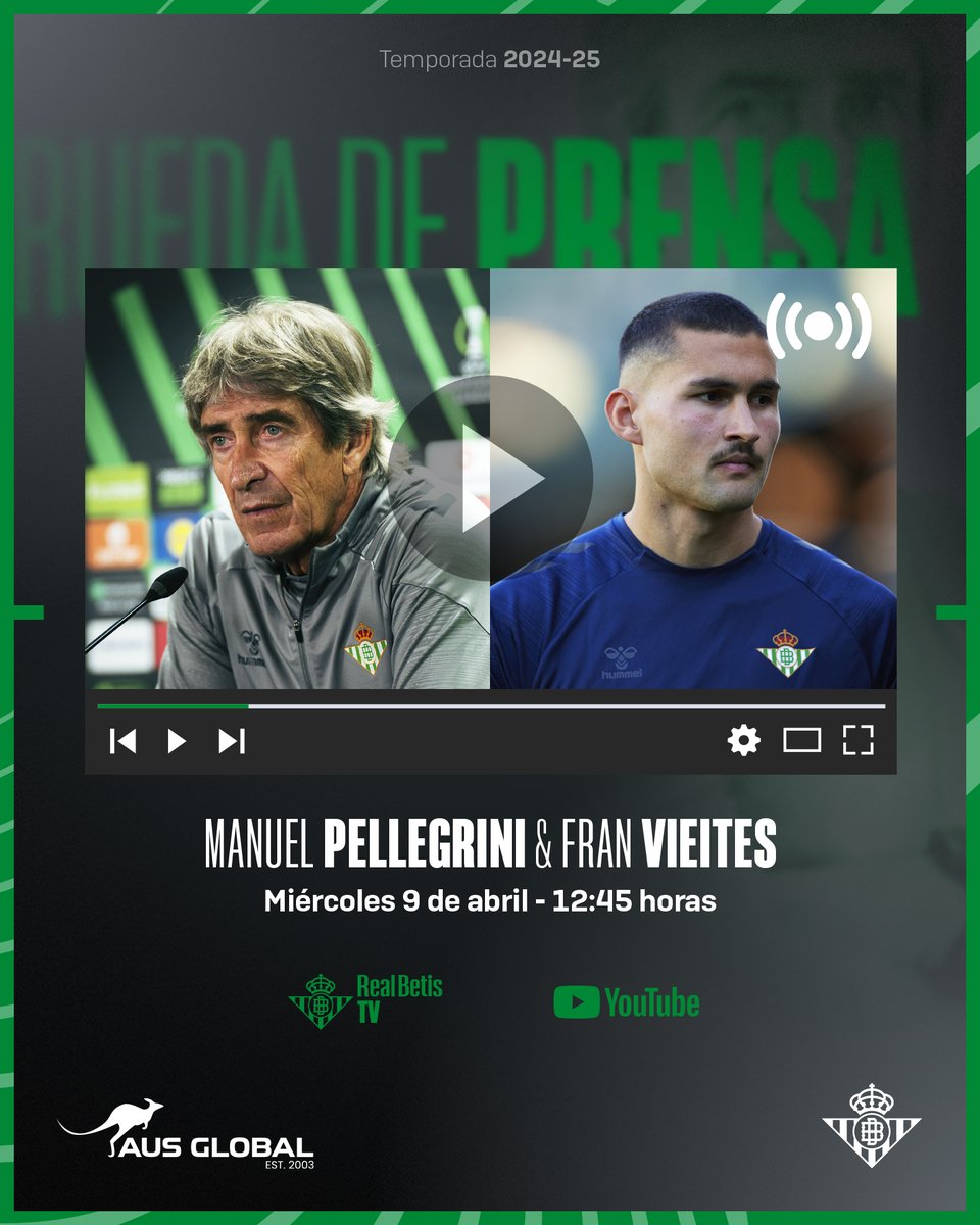 🚨🚨🚨

¡Sigue en 𝐃𝐈𝐑𝐄𝐂𝐓𝐎 a las 12:45h la rueda de prensa de Manuel Pellegrini y Fran Vieites previa al #RealBetisJagiellonia!

➡ youtube.com/live/keYXKFF_w…