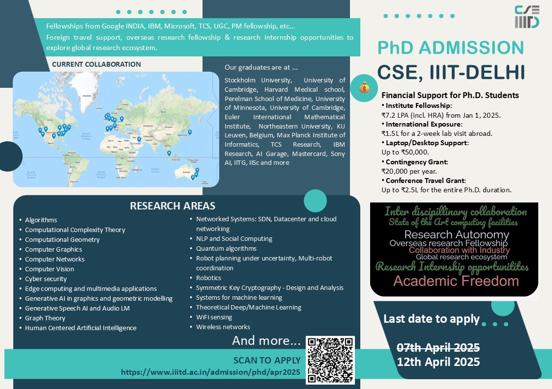 cseiiitd's tweet image. 🚀 PhD Admissions 2025 | CSE @ IIIT-Delhi
Join a top-tier research ecosystem with global collaborations & generous fellowships.
🗓️ Apply by: 12th April 2025
🔗 iiitd.ac.in/admission/PhD/…
#PhD2025 #IIITDelhi #ResearchOpportunity #JoinIIITD