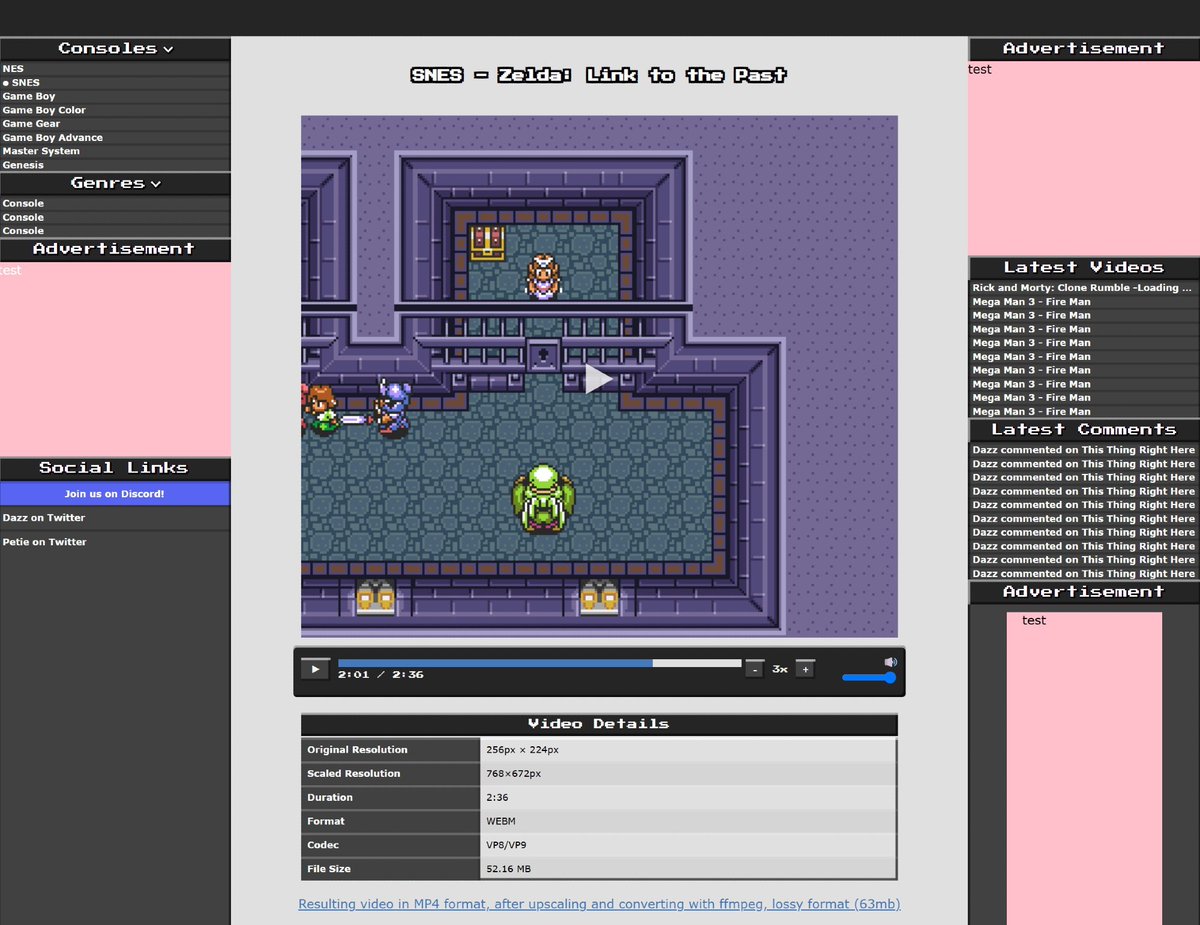 Last year, Dazz made a proof of concept for a video game footage archive. You can view the concept in the replies below.

Recordings are 1x resolution of console output. Can be nearest-neighbor integer scaled. Users can upscale infinitely with no loss of detail.