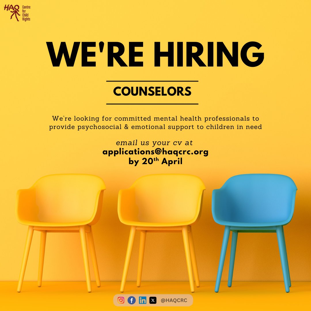 📢 We're hiring Counselors!

HAQ: Centre for Child Rights is looking for trained mental health professionals to work directly with children.

📍 Delhi
🗓️ Apply by: 20 April 2025
🔗 haqcrc.org/contact-us/job…

#ChildRights #CounselorJobs #WorkWithHAQ #ChildProtection