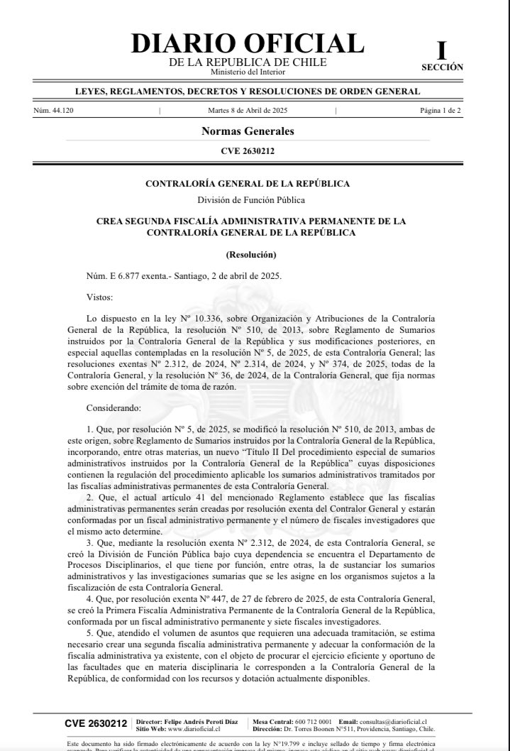 🚨Hoy se publicó en el Diario Oficial la Resolución exenta número E 6.877, de 2025, que crea Segunda Fiscalía Administrativa Permanente de la Contraloría General de la República

Link: diariooficial.interior.gob.cl/publicaciones/…
