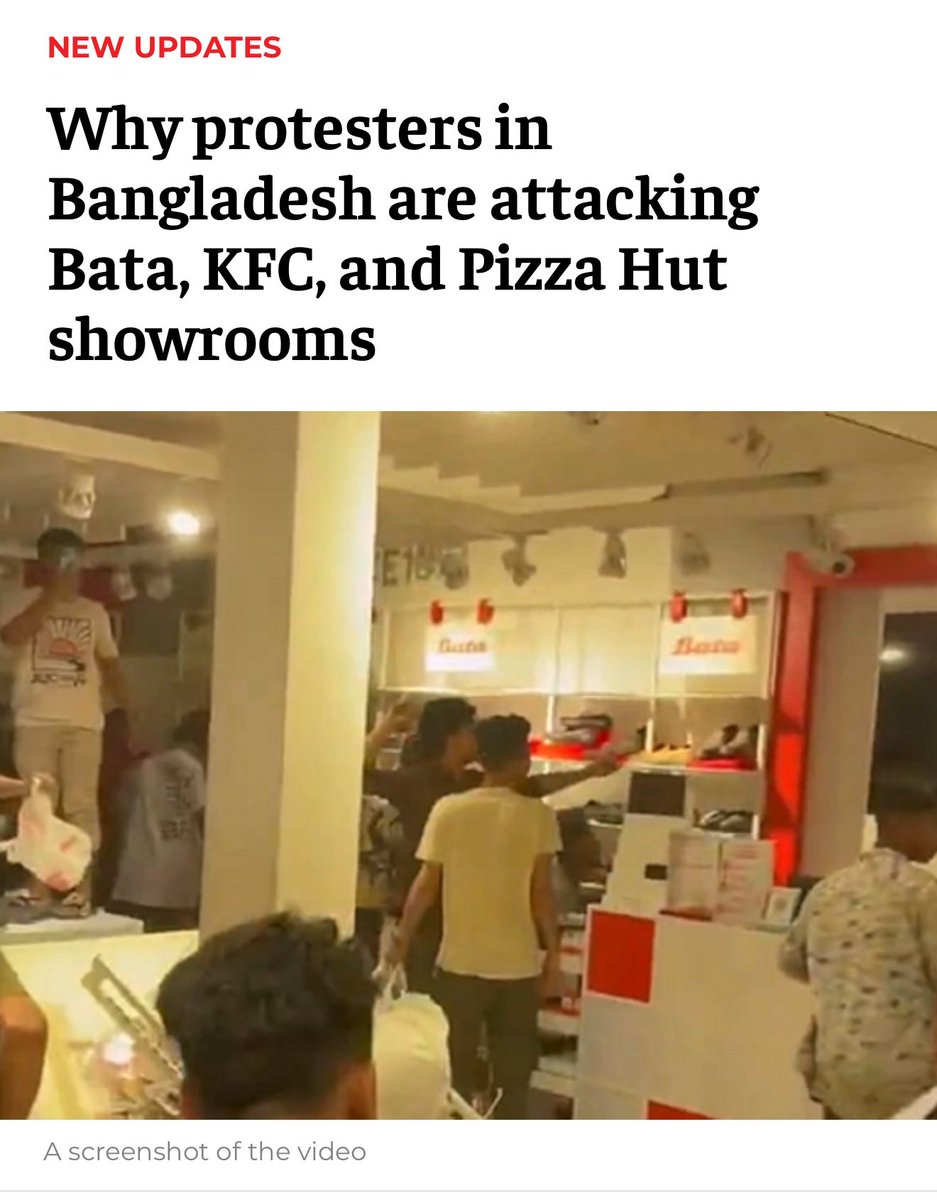 majorgauravarya's tweet photo. To protest against Israel’s “atrocities” in Gaza and to stand in solidarity with their Palestinian brothers, Bangladeshi protestors stole chicken from KFC, pizza from Pizza Hut and chappals from Bata. 

Munching on a piece of stolen fried chicken, Muhammad Yunus, a Bangladeshi protestor who also moonlights as his country’s Chief Advisor, said “Palestine has been liberated”. Saying this, he slipped his feet into a brand new pair of stolen slippers and walked away into the sunlight, rousing music playing in the background from a stolen music system.
