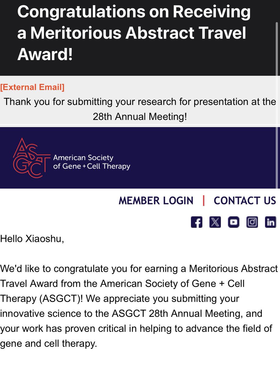 Congratulations to Dr Pan for receiving Meritorious Abstract Travel Award from the American Society of Gene + Cell Therapy (ASGCT)! 👏👏👏