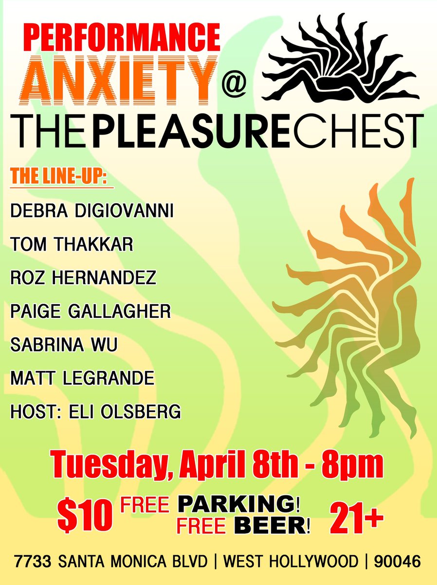 PerformAnxiety's tweet image. TONIGHT! Come to @PleasureChestLA for our 14 YEAR ANNIVERSARY SHOW with an incredible lineup, giveaways, and more!! Debra DiGiovanni, Tom Thakkar, Roz Hernandez, Paige Gallagher, @asabrinawu, Matt LeGrande, @EliOlsberg GET TIX: eventbrite.com/e/performance-…