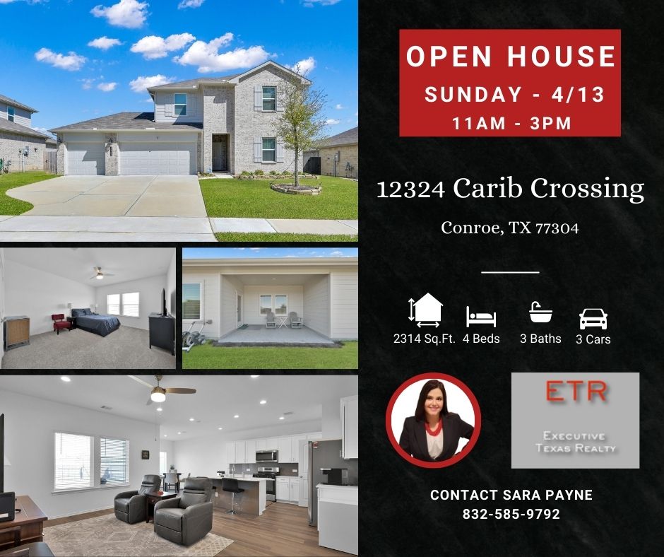 RealtorSaraPay1's tweet photo. 🚨 Open House This Sunday! 🚨
📍 12324 Carib Crossing Ln, Conroe, TX
🗓️  April 13 | 11 AM – 3 PM

Tour this stunning home with an open floor plan perfect for entertaining, a covered patio ideal for relaxing, and a three-car garage with an electric car plug-in and epoxy floors! https://t.co/eIRwIYlX1j