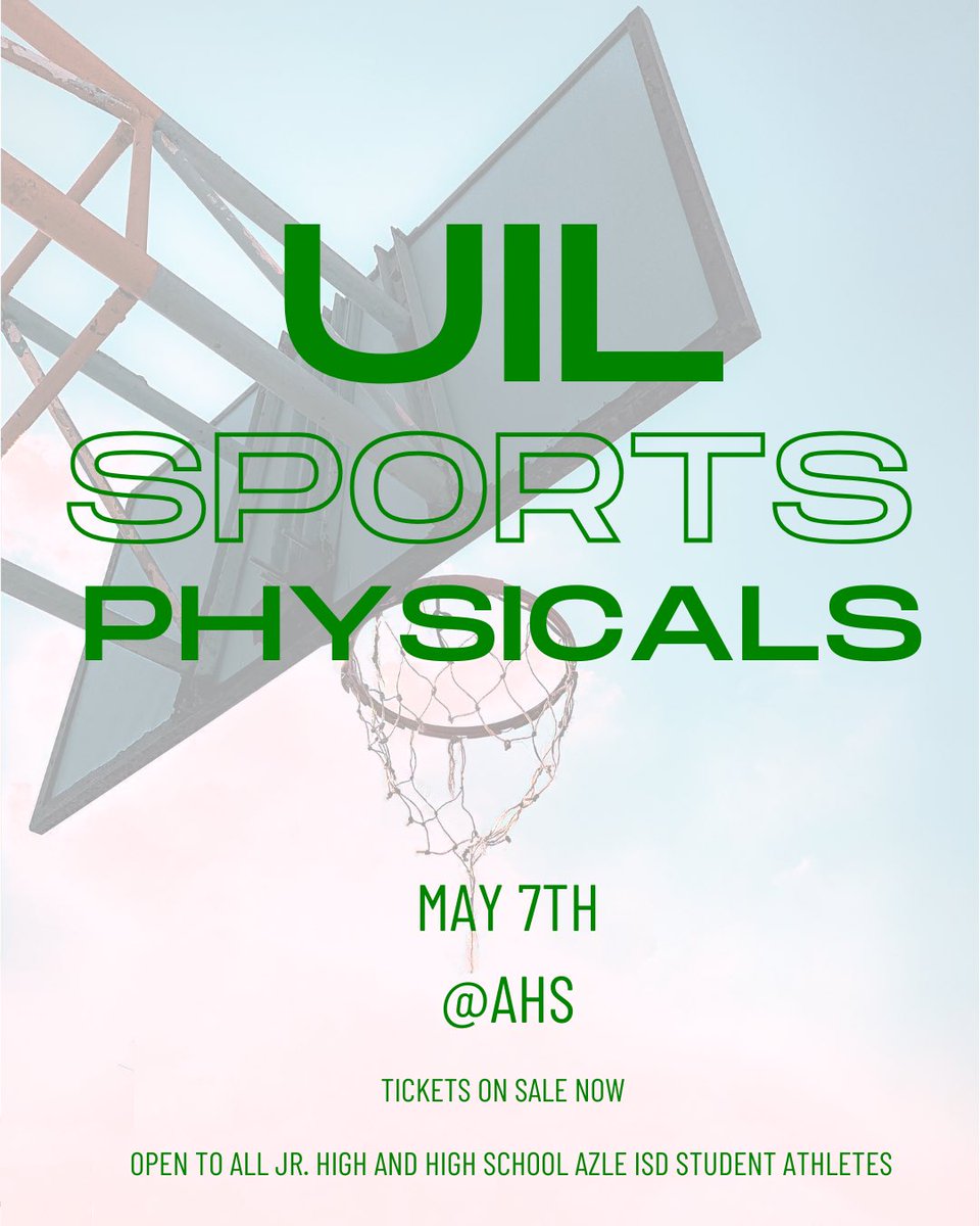 Tickets are going fast! Don’t miss your chance to get your physical done at AHS for only $12! 

🗓️May 7th
📍AHS

Ticket 🔗 - azleathletics.payments.school