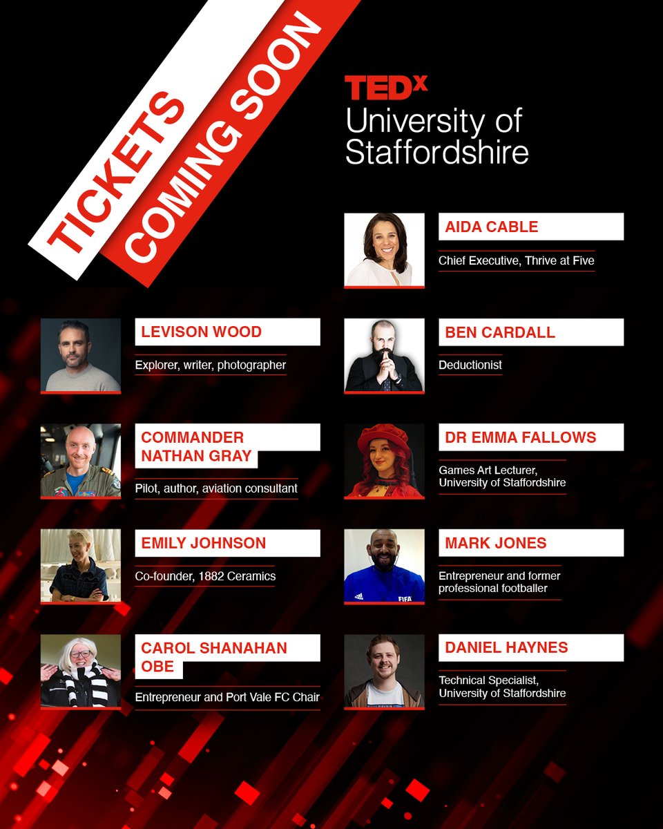 Set your alarms, bookmark the page, add to your calendars, create a reminder. 

Tickets will be released for ‘Adventures into the Unknown’ at TEDxUniversityofStaffordshire on Thursday 10 April 2025 at 12:30pm

Get ready: tedxuniversityofstaffordshire.com