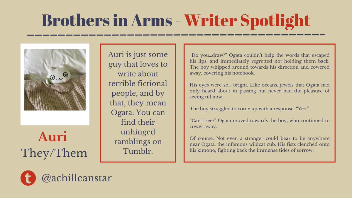 [ #goldenkamuy #zine ]

Our next amazing writer and Ogata fan is Auri (@/achilleanstar!)
