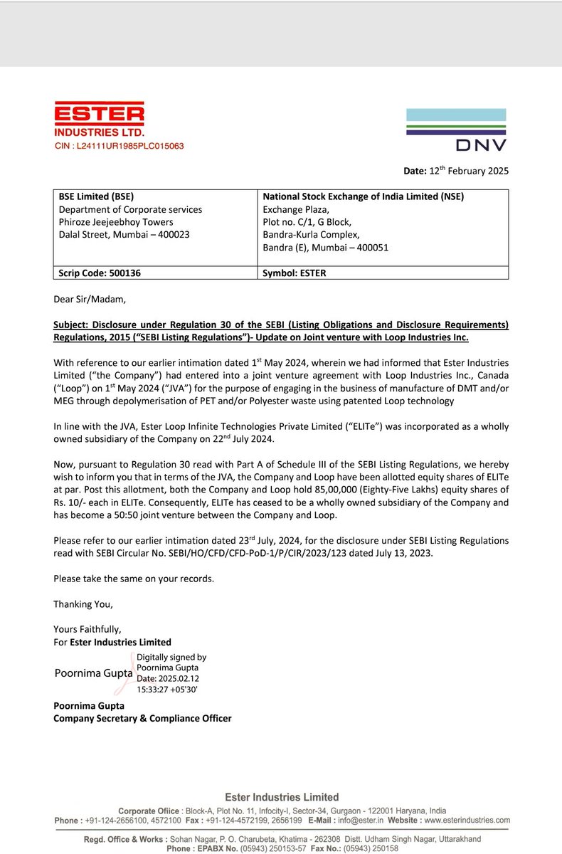 Ester industries - 112
Interesting Development 👍