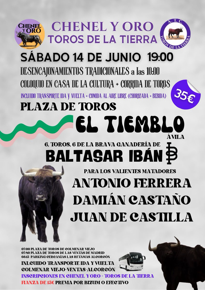 ChenelyOroRadio's tweet photo. ¡Excursión veraniega a El Tiemblo, Ávila! 

Desencajonada+Coloquio+Chorizada+CORRIDA DE TOROS DE BALTASAR IBAN 💚🩷
Antonio Ferrera
Damián Castaño
Juan de Castilla 

Todo esto con AUTOBÚS 🚌 IDA+VUELTA incluido ‼️

Por solo 35€

Disfruta con @toros_de_la_tierra y @actchenelyoro https://t.co/m3rSJlFvkw