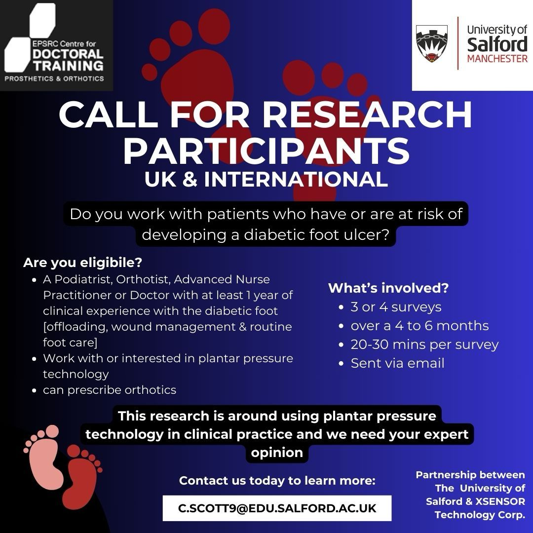 Call for Research participants ‼️ LAST CALL ‼️
Looking for clinicians, such as podiatrists &amp; orthotists, with 1+ years experience managing the diabetic foot. UK &amp; International for this online study looking at plantar pressure technology:
Please share amongst your network