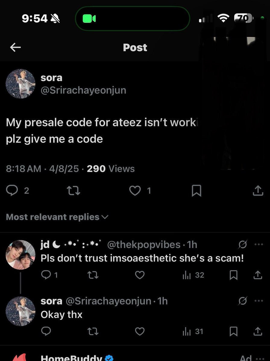 Flora110518's tweet photo. Yall @imsoaesthetic_   said she has the #ATEEZ presale #code. Asking people to DM her for the code then charging them however much (she charged my friend $20 and still asked for more) she’s now not responding and is still posting saying she has a code. Beware of this scammer!!! https://t.co/ipZxzKHCZ9