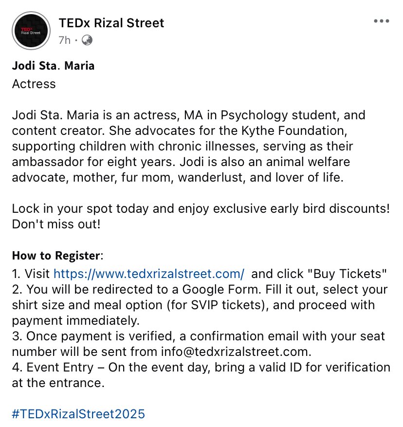 Ms. Jodi Sta. Maria will be one of the speakers at TEDxRizal Street 2025, which is happening on June 15, 2025, at Sorsogon Cultural Center for the Arts. ❤️

Get your tickets here: tedxrizalstreet.com/?fbclid=IwZXh0…

©️ TEDx Rizal Street FB | #JodiStaMaria #TEDxRizalStreet2025
