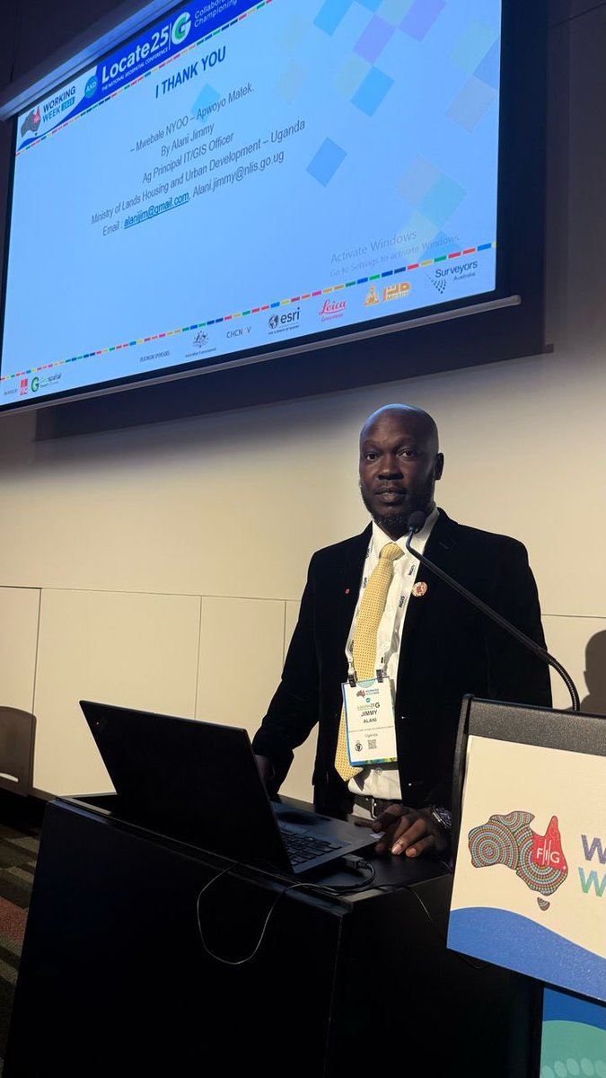 ministry_lands's tweet photo. Day 2 of the FIG WW 2025; Alani Jimmy the Ag. Principal IT Officer presented how the Uganda National Land Information System (UgNLIS) is being leveraged to support climate change prediction and land use analysis.

He explained that Uganda faces growing climate risks such as erratic rainfall, prolonged dry spells, and rising temperatures—with rainfall ranging from 800 to 2,000 mm annually and temperatures between 16°C to 28°C. Over 80% of land is held under customary tenure, often undocumented, complicating effective land management in a rapidly urbanizing country.

Jimmy emphasized that UgNLIS, which holds data on over 307,000 land parcels and 131,000+ transactions, offers a spatial platform for assessing land use, tenure patterns, and climate dynamics. A pilot study in Busiro, Wakiso District revealed built-up areas increased from 40% to 60% between 2016–2022, while agricultural land and scrubland declined. Parcel subdivision rose from 7% to 9% in recent years, with a trend toward development or land use change.

Projected climate scenarios showed rainfall could decrease by up to 15% in central Uganda (RCP 8.5), while temperature increases could reach 2.5°C by 2060. These insights, when combined with land data, offer valuable input for climate adaptation planning.

Jimmy concluded that secure land tenure and planned urbanization are linked to better climate resilience. He called for enhancing UgNLIS capabilities, increasing technical capacity, integrating policy, and raising public awareness to drive sustainable land management and climate-smart development in Uganda.