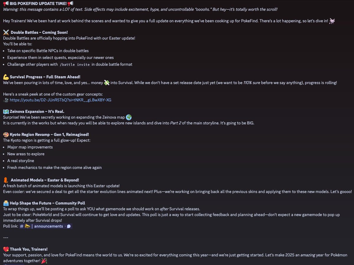 🚨 MASSIVE POKEFIND UPDATE 🚨

Double Battles, Survival progress, Zeinova expansion, Kyoto revamp, new animated models &amp; more! 🧡

It’s a BIG read but sooo worth it — check it out in Discord! 👀🔥
📲 discord.gg/pokefind
#Minecraft #Pokemon
