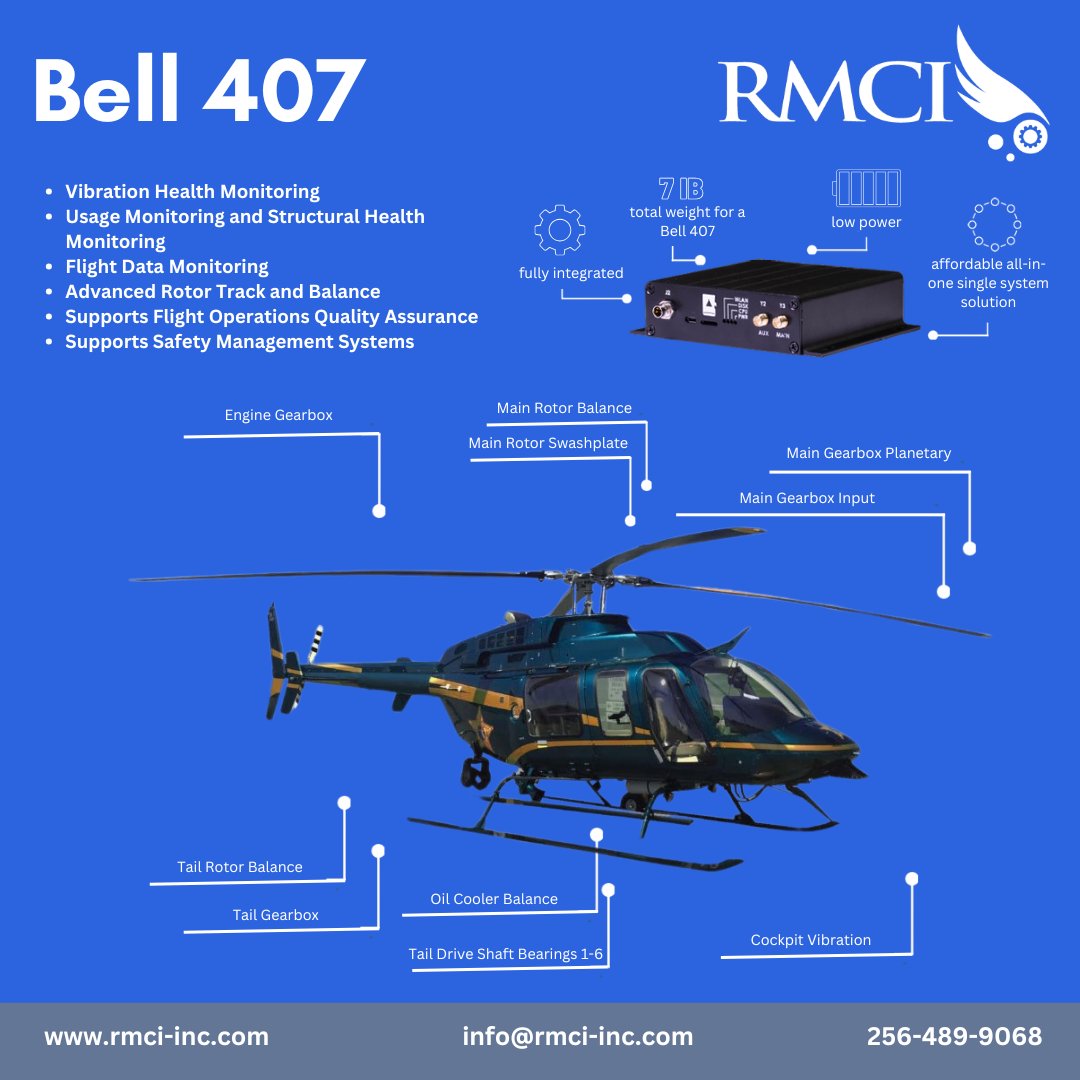 RMCI_Inc's tweet photo. Introducing   XRDS™ for Bell 407 —the most advanced technology for health and usage   monitoring. It meets the need for a solution enabling both comprehensive   rotorcraft health management and flight data monitoring for all aircraft. https://t.co/Qxb7vvkdAZ