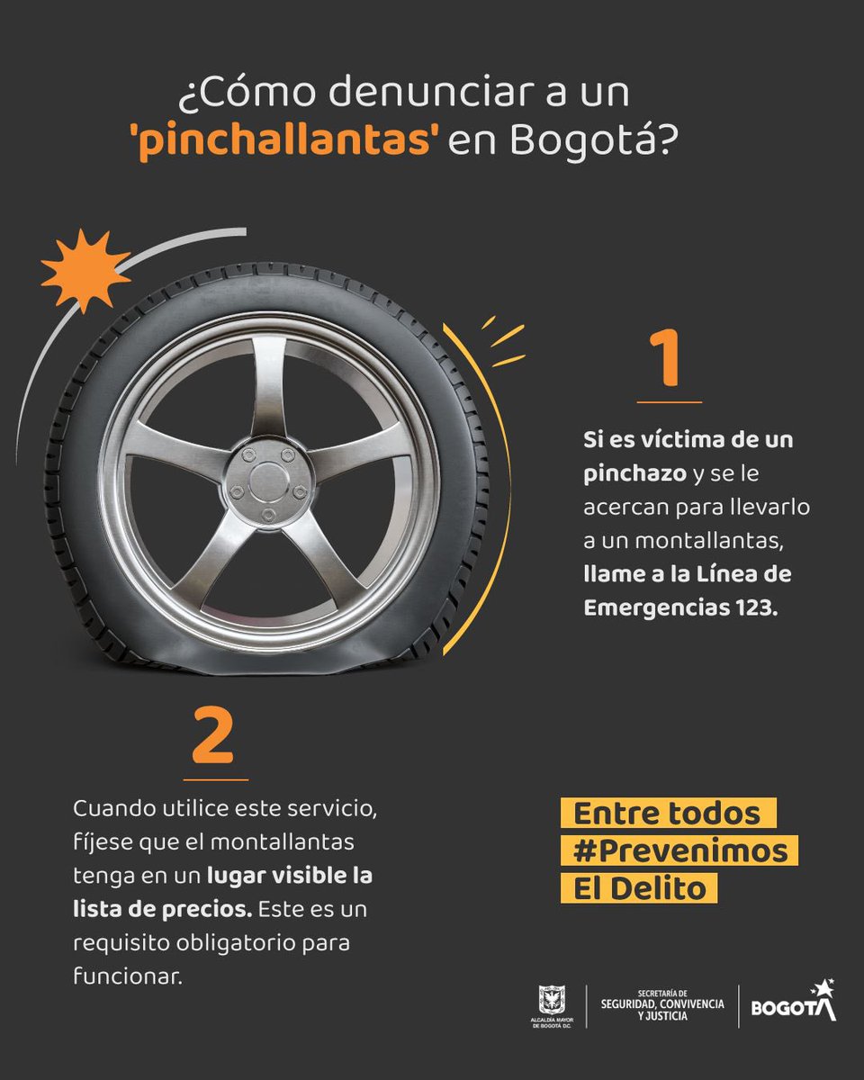 SeguridadBOG's tweet photo. ¡A los ‘pinchallantas’ hay que denunciarlos!

Si se pincha y le ofrecen llevarlo a un montallantas, llame a la #Línea123 y recibirá acompañamiento inmediato.

🚨 ¡Siga estas recomendaciones y pase la voz!

Entre todos #PrevenimosElDelito

https://t.co/PEURqAYibA https://t.co/i91YoLFqb4
