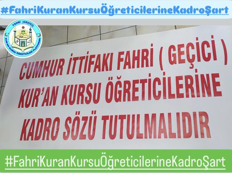 FAHRİ (geçici)KURAN KURSU ÖĞRETİCİLERİNE 2018’de verilen Cumhurİttifakı KADROSÖZÜ üzerinden 7yıl geçti ne zaman tutulacak

15 yıldır #kadro hakları verilmeyip sürekli kapsam dışı bırakılan bizler #Kadroİstiyoruz
<a href="/DIBAliErbas/">Prof. Dr. Ali Erbaş</a> <a href="/dbdevletbahceli/">Devlet Bahçeli</a> <a href="/RTErdogan/">Recep Tayyip Erdoğan</a>

#FahriÖğreticiyeKadroŞart