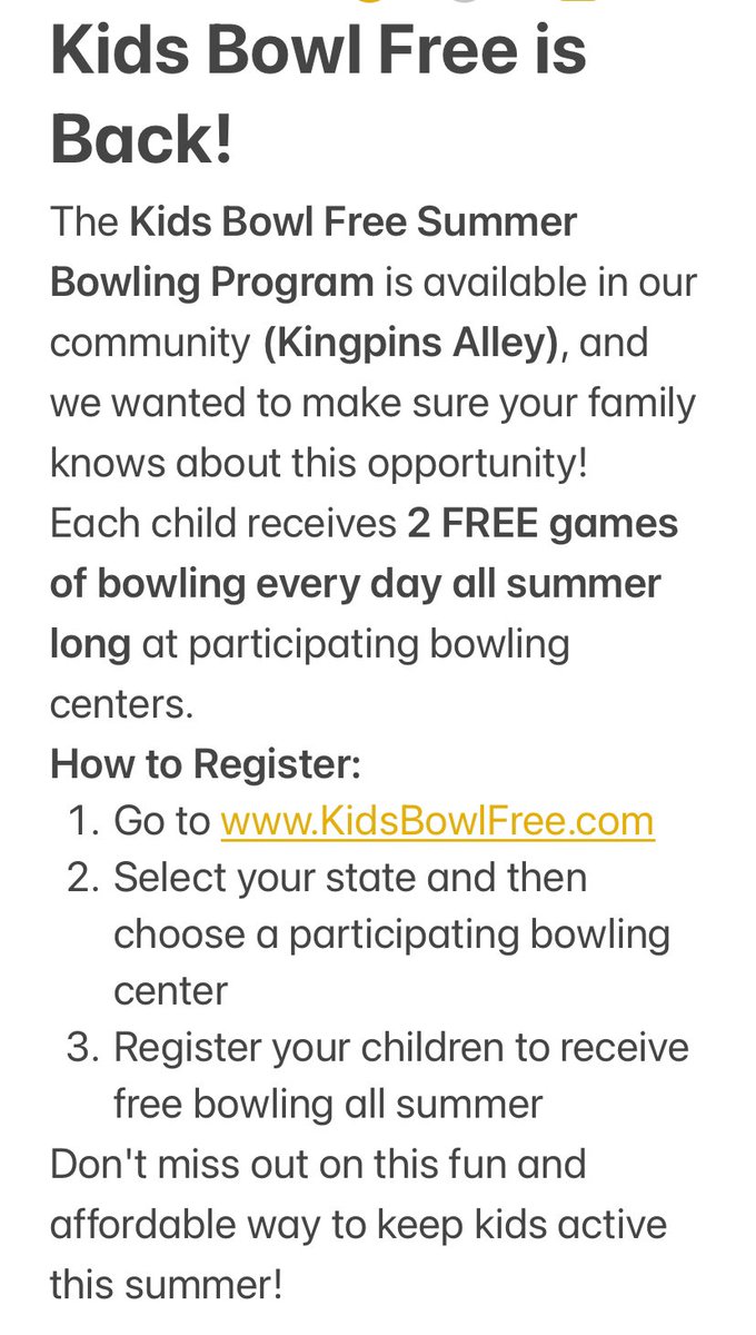Don’t miss out on KIDS BOWL FREE this summer!!!