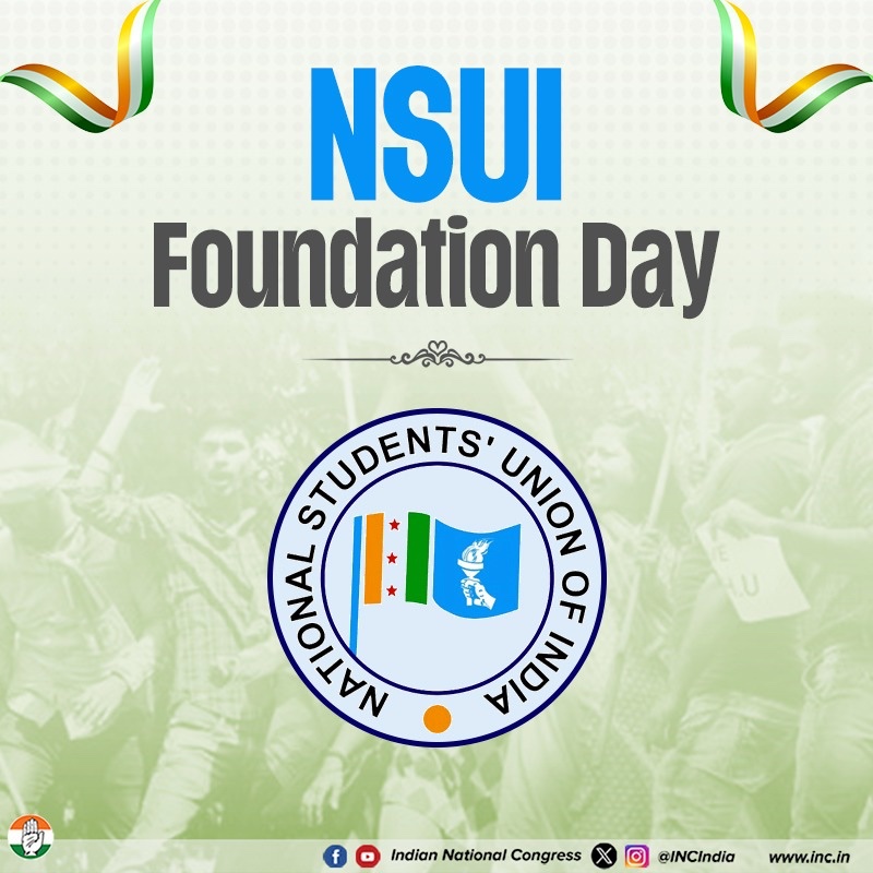 INCIndia's tweet photo. On NSUI Foundation Day, we celebrate the spirit of youth-led change, courage, and commitment. 

As the student voice of the Congress, NSUI continues to inspire younger generations to fight for justice, education, and equality. https://t.co/Od926lKQxK