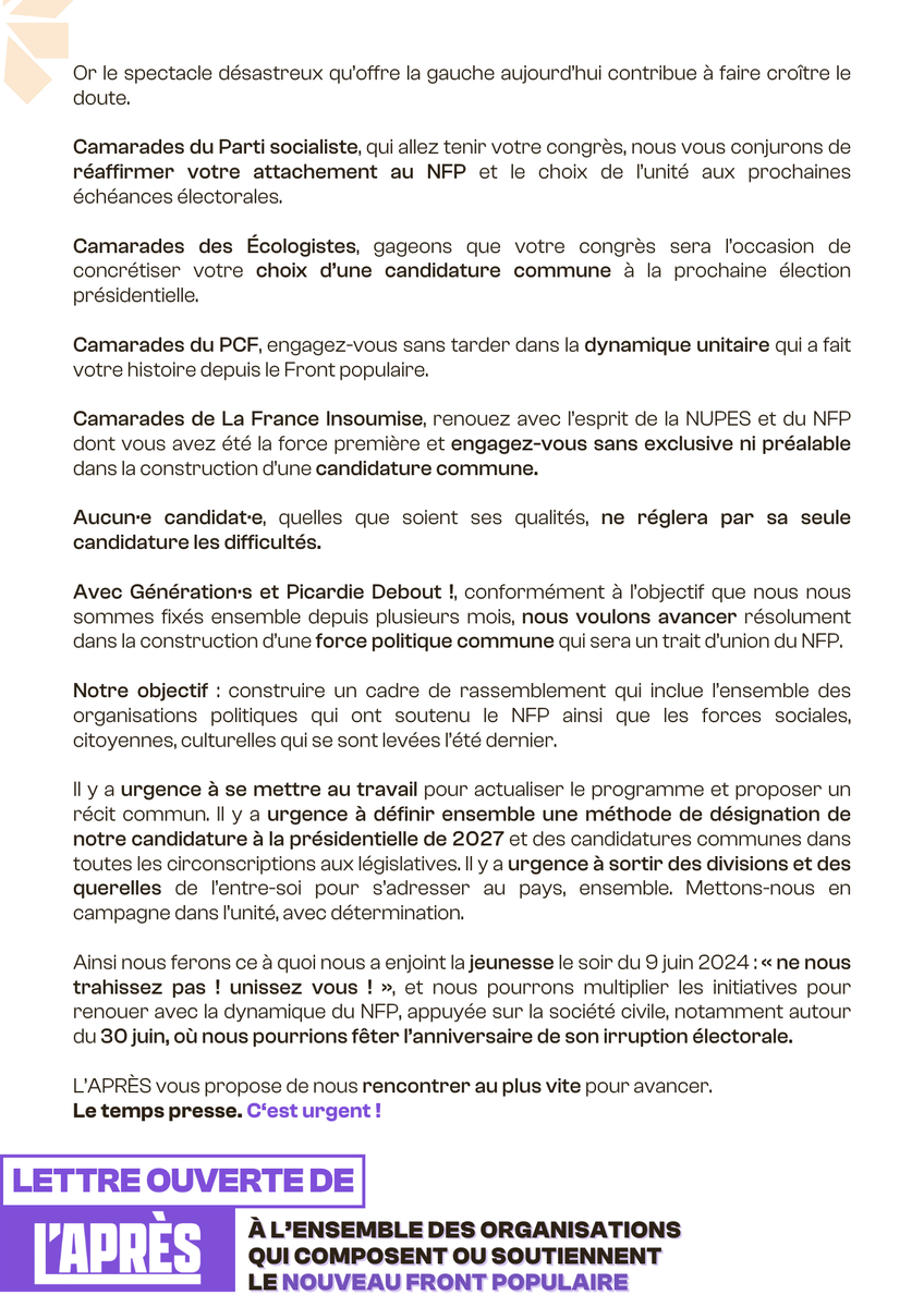 🔴🟣🟡🔴🟢 LETTRE OUVERTE DE L'APRÈS POUR 2027🔴🟣🟡🔴🟢

<a href="/Apres_fr/">L’APRÈS</a> appelle les socialistes, écologistes, communistes et insoumis à se mettre urgemment « au travail [...] définir ensemble une méthode de désignation » d'une candidature NFP à la présidentielle pour 2027.