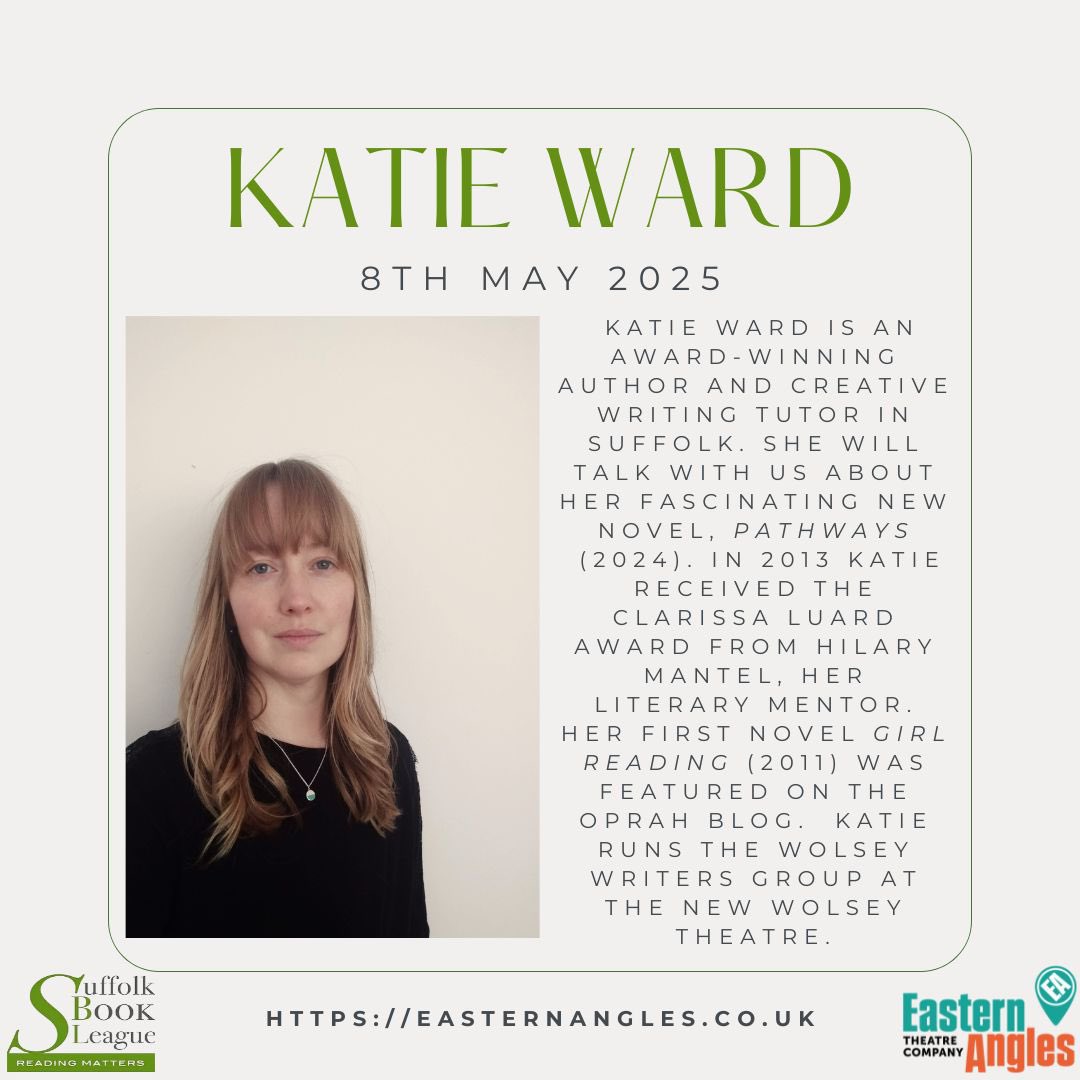 Suffolk Book League (@suffolkbooktalk) on Twitter photo On Thursday 8th May we welcome <a href="/katiewardwriter/">Katie Ward</a> She will be talking to us about her new novel, Pathways 🐟Katie is an award winning writer & also runs the <a href="/WolseyWriters/">Wolsey Writers</a> group at the New Wolsey Theatre ✍🏻
📍: Eastern Angles, Gatacre Road, IP1 2LQ
🎟️: easternangles.co.uk/event/suffolk-… On Thursday 8th May we welcome <a href="/katiewardwriter/">Katie Ward</a> She will be talking to us about her new novel, Pathways 🐟Katie is an award winning writer & also runs the <a href="/WolseyWriters/">Wolsey Writers</a> group at the New Wolsey Theatre ✍🏻
📍: Eastern Angles, Gatacre Road, IP1 2LQ
🎟️: easternangles.co.uk/event/suffolk-…